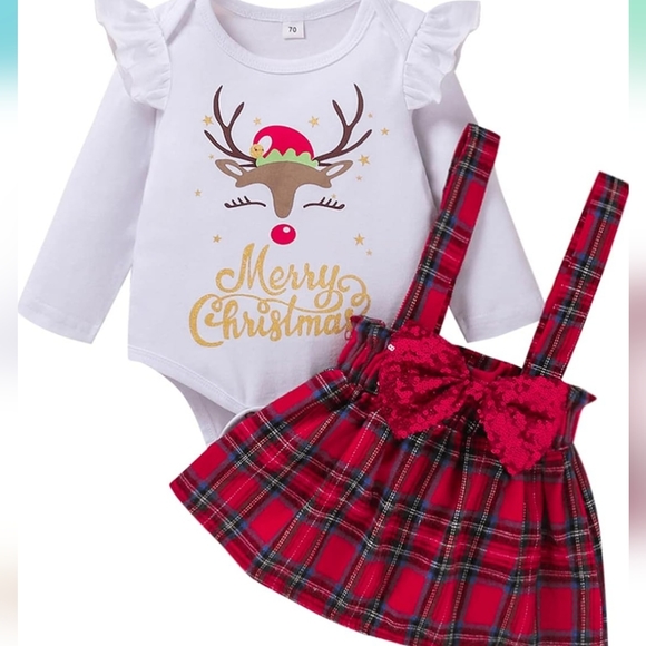 Merry Christmas set 0-6 months new never worn Buffalo Plaid Suspender skirt - Picture 1 of 4